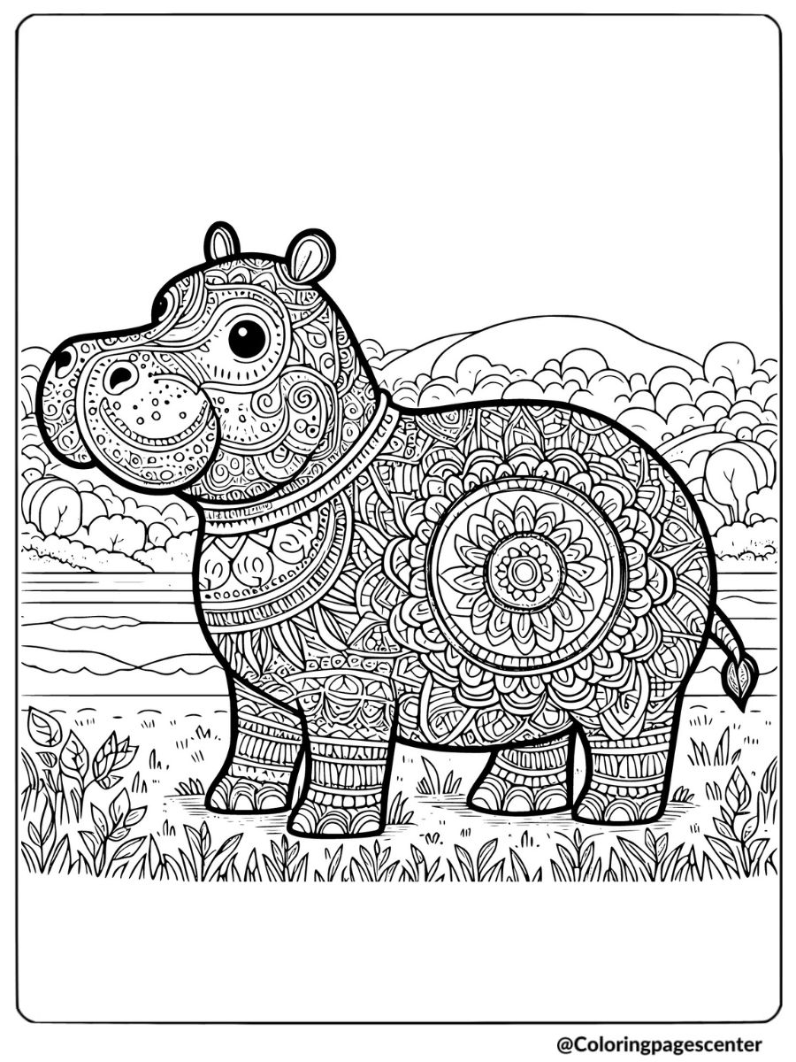 Detailed hippo with nature background coloring page for adults