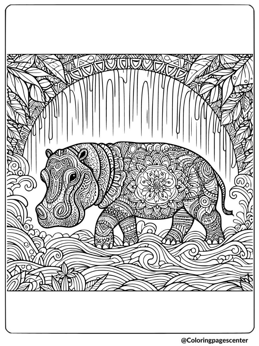 Hippo with intricate designs by waterfall coloring page for adults