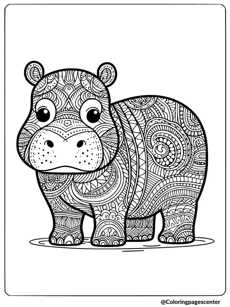 Hippo with intricate patterns coloring page for adults