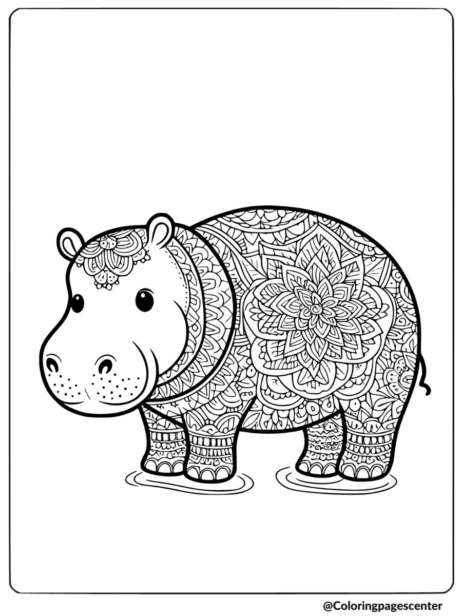 Hippo with large mandala on back coloring page for adults