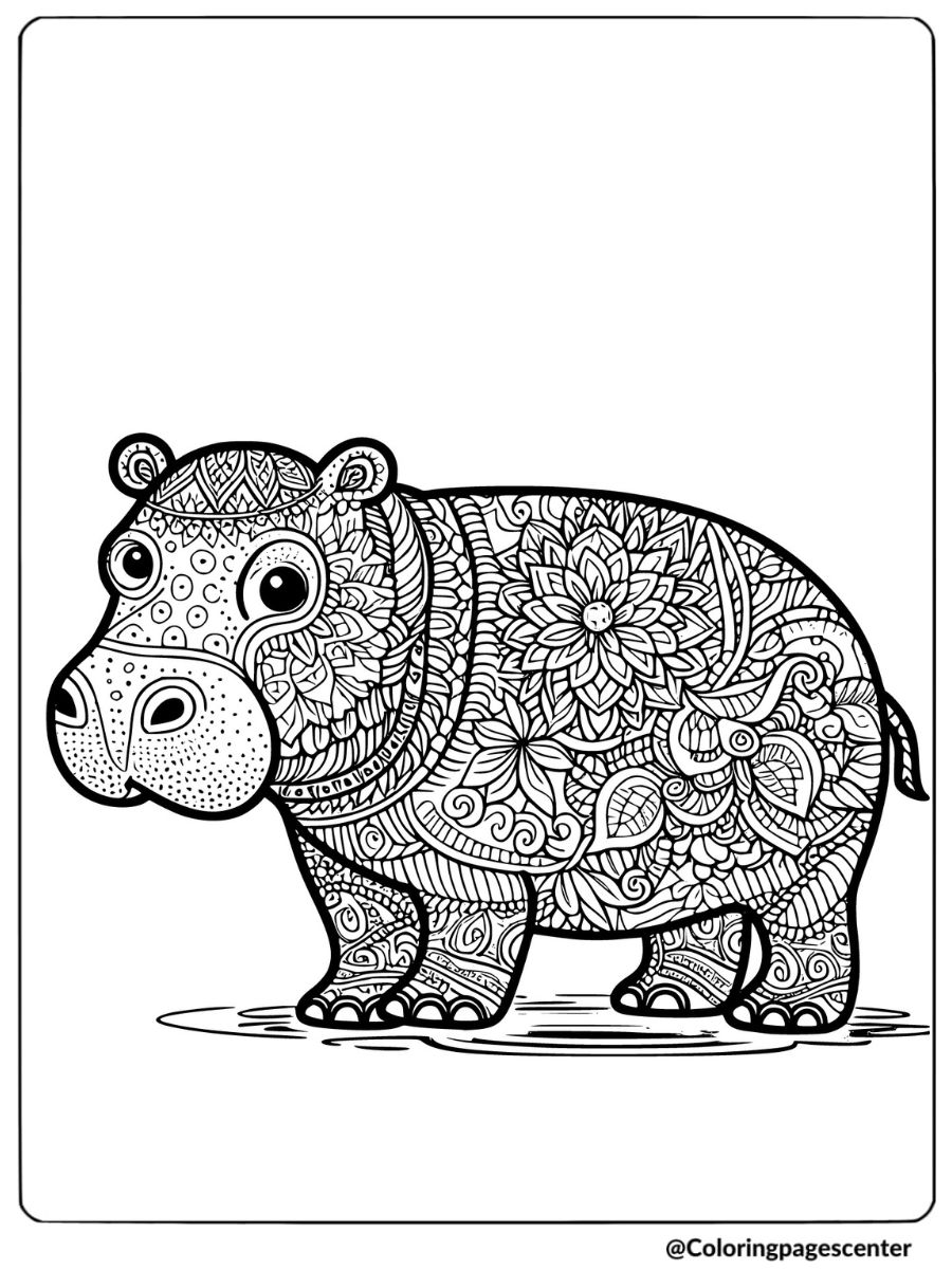 Hippo covered in floral designs coloring page for adults