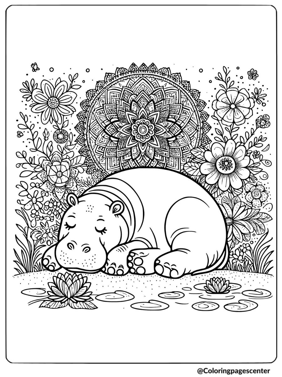 Detailed hippo sleeping with flowers coloring page for adults