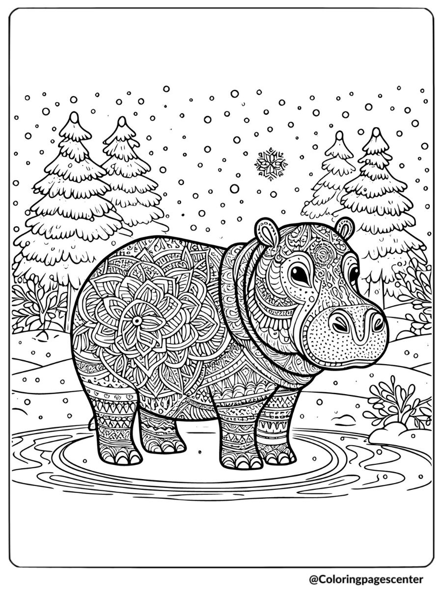 Detailed hippo with snowflake in a forest coloring page