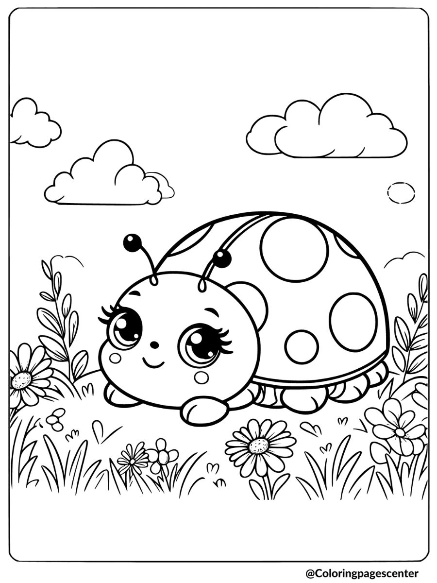 Adorable ladybug in a field of flowers coloring page