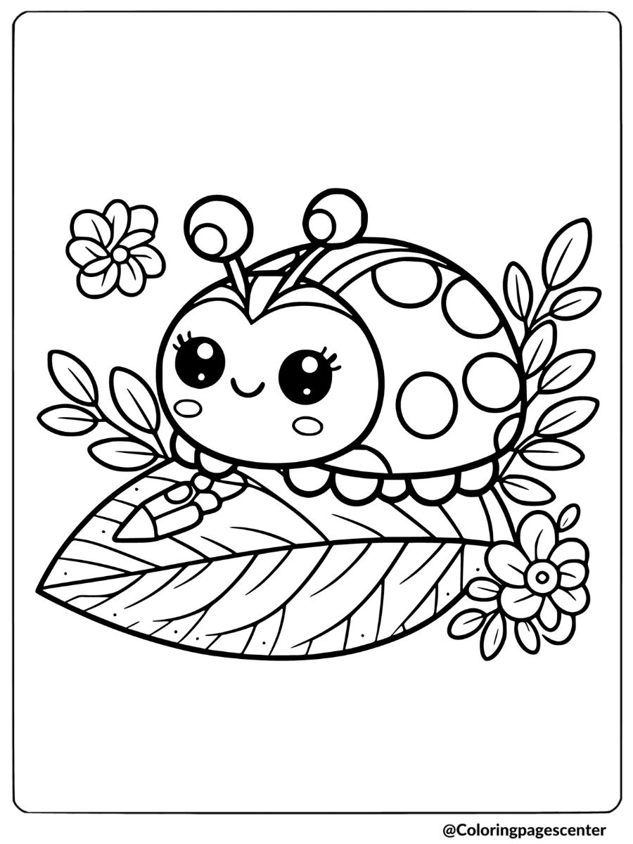 Ladybug resting on a leaf with flowers coloring page