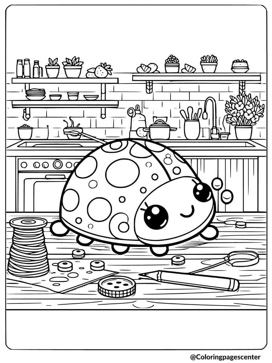 Ladybug at a crafting table in the kitchen coloring page