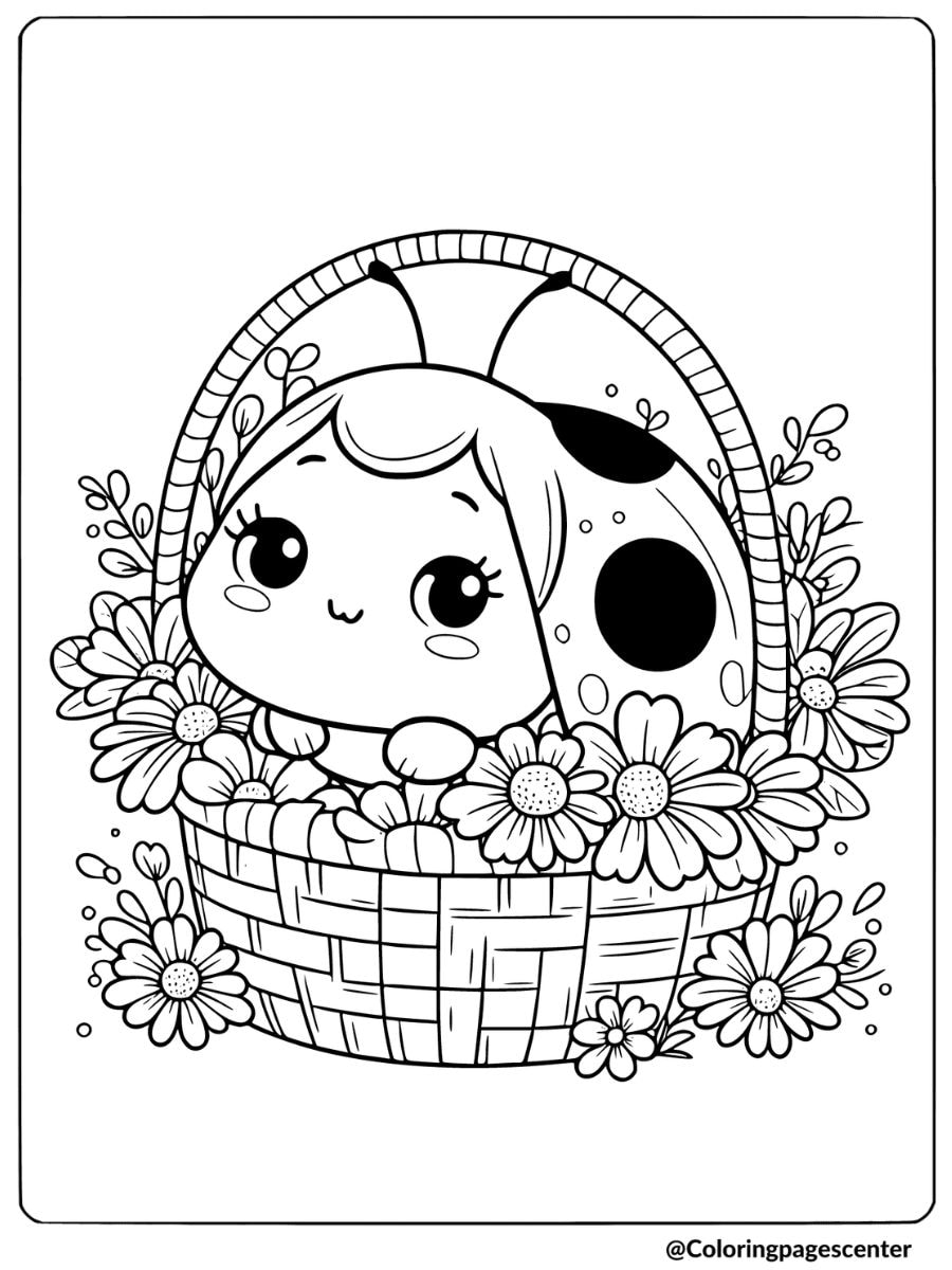 Cheerful ladybug in a floral basket coloring page