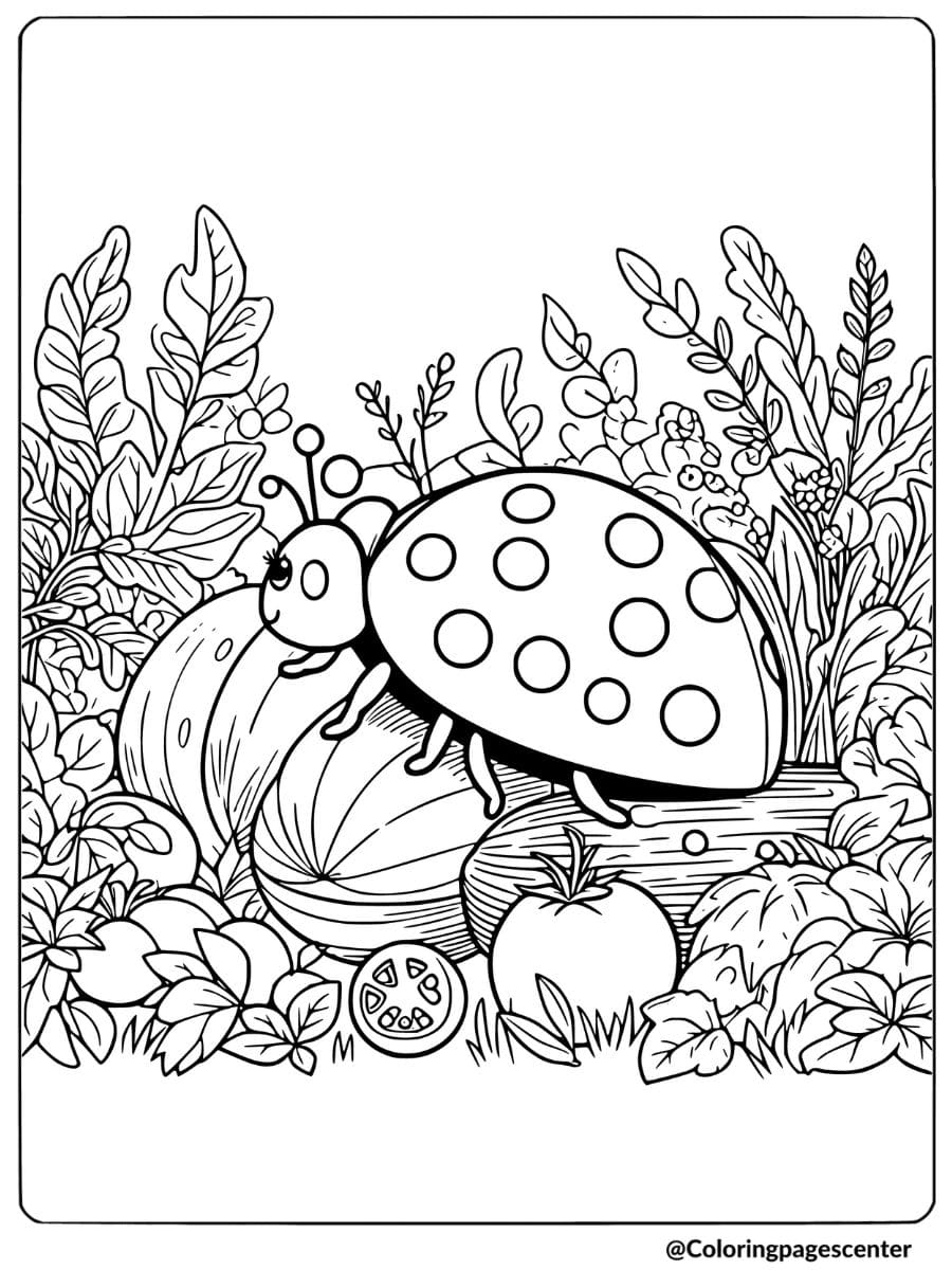 Ladybug among vegetables and plants coloring page