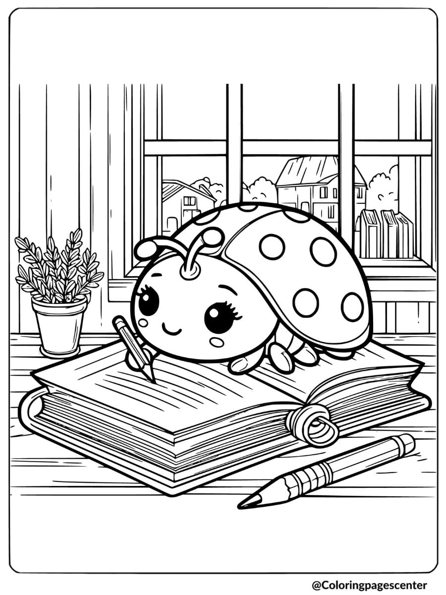 Ladybug with a pencil writing in a book coloring page