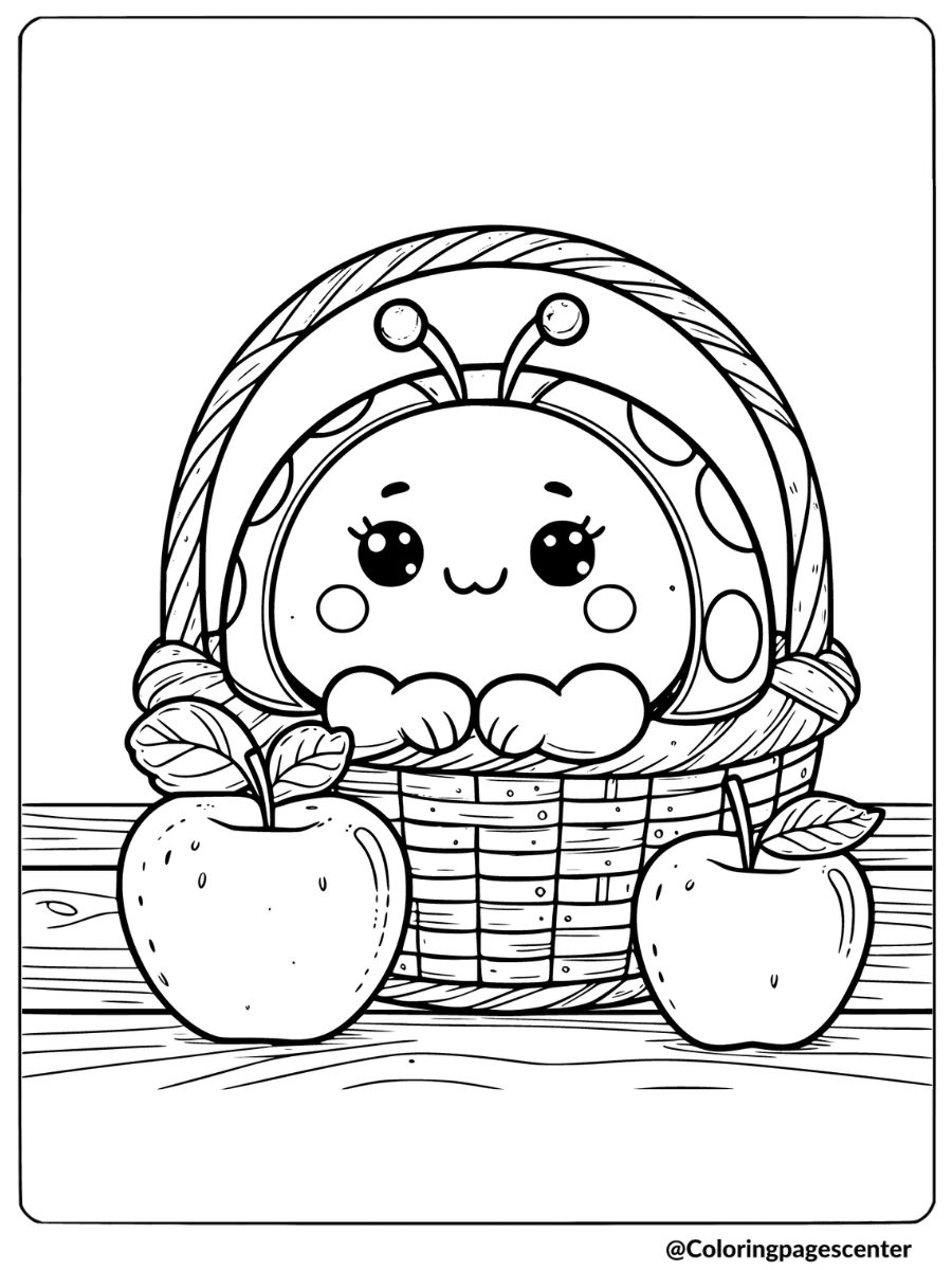 Happy ladybug in a basket with apples coloring page