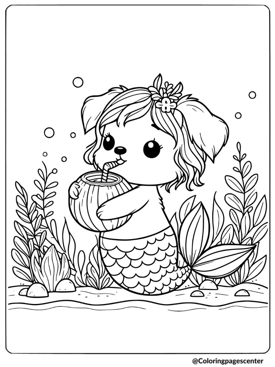 Dog mermaid sipping from a coconut coloring page