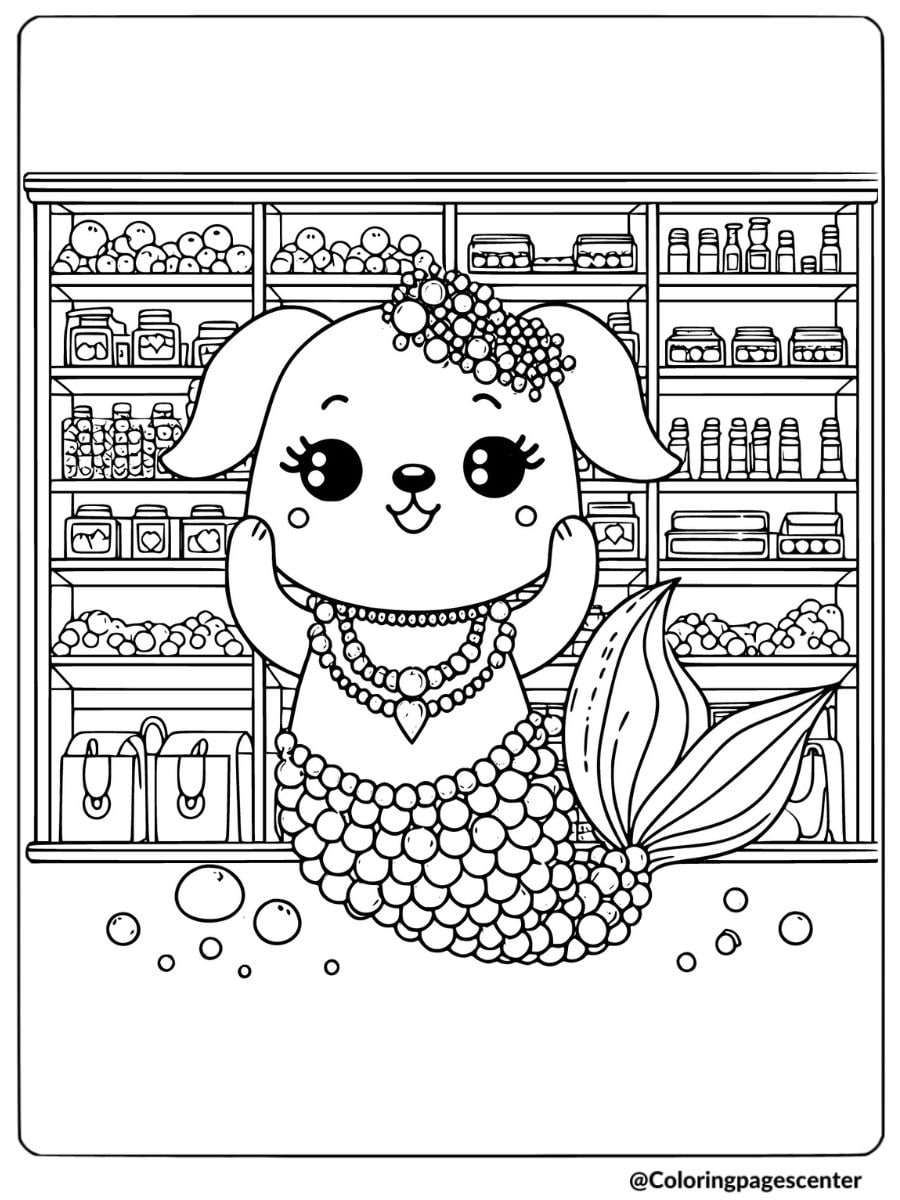 Cute dog mermaid with jewelry coloring page