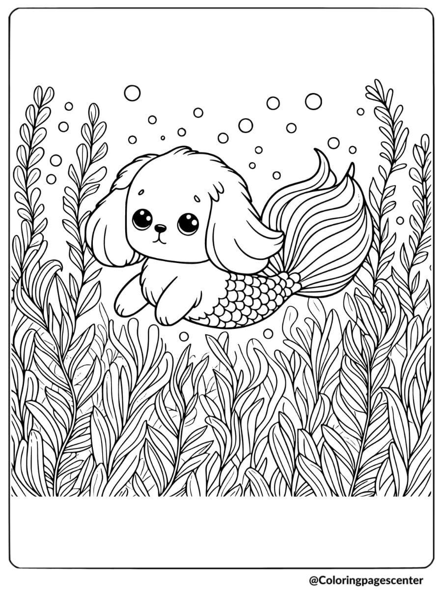 Dog mermaid surrounded by seaweed coloring page