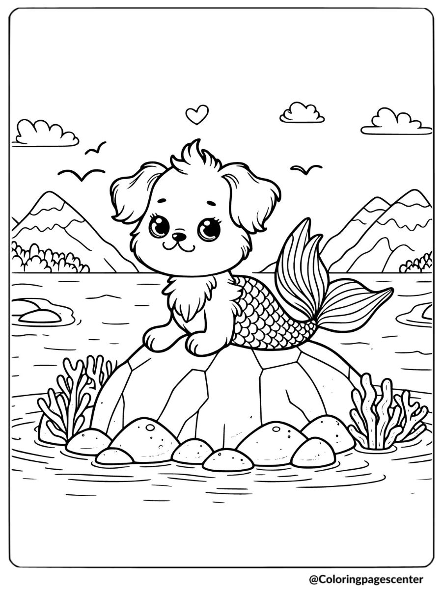 Cute dog mermaid on a rock with sea view coloring page