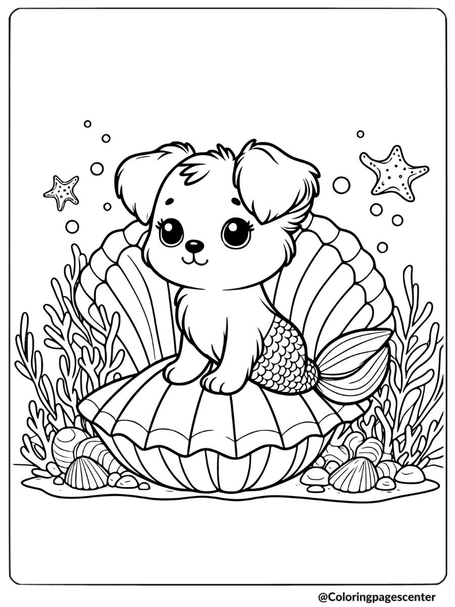 Dog mermaid resting on a seashell coloring page