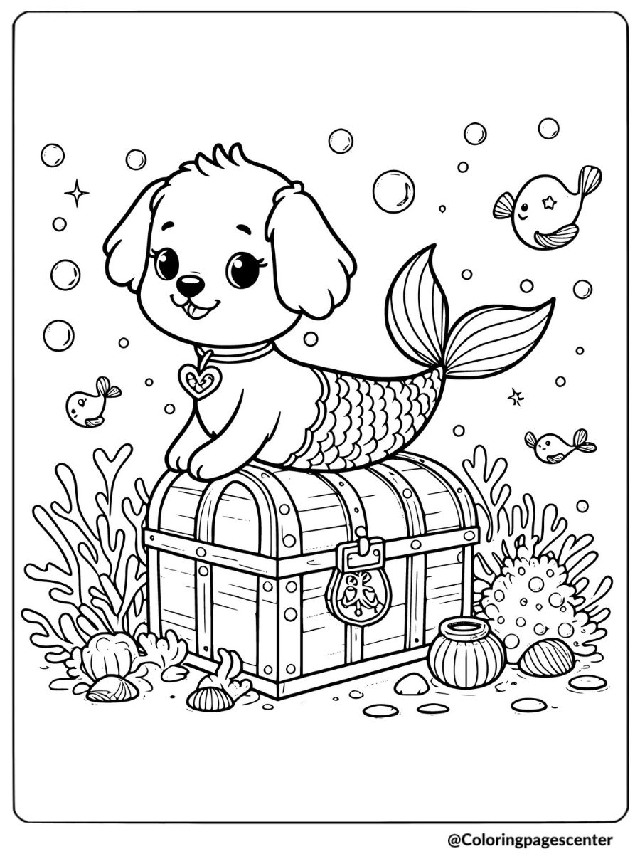 Dog mermaid sitting on treasure chest coloring page