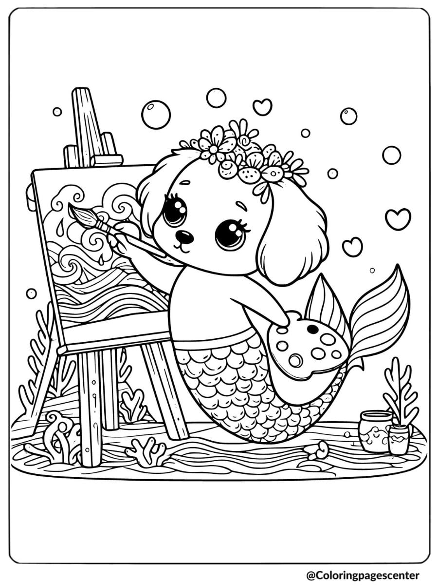 Artistic dog mermaid painting underwater coloring page