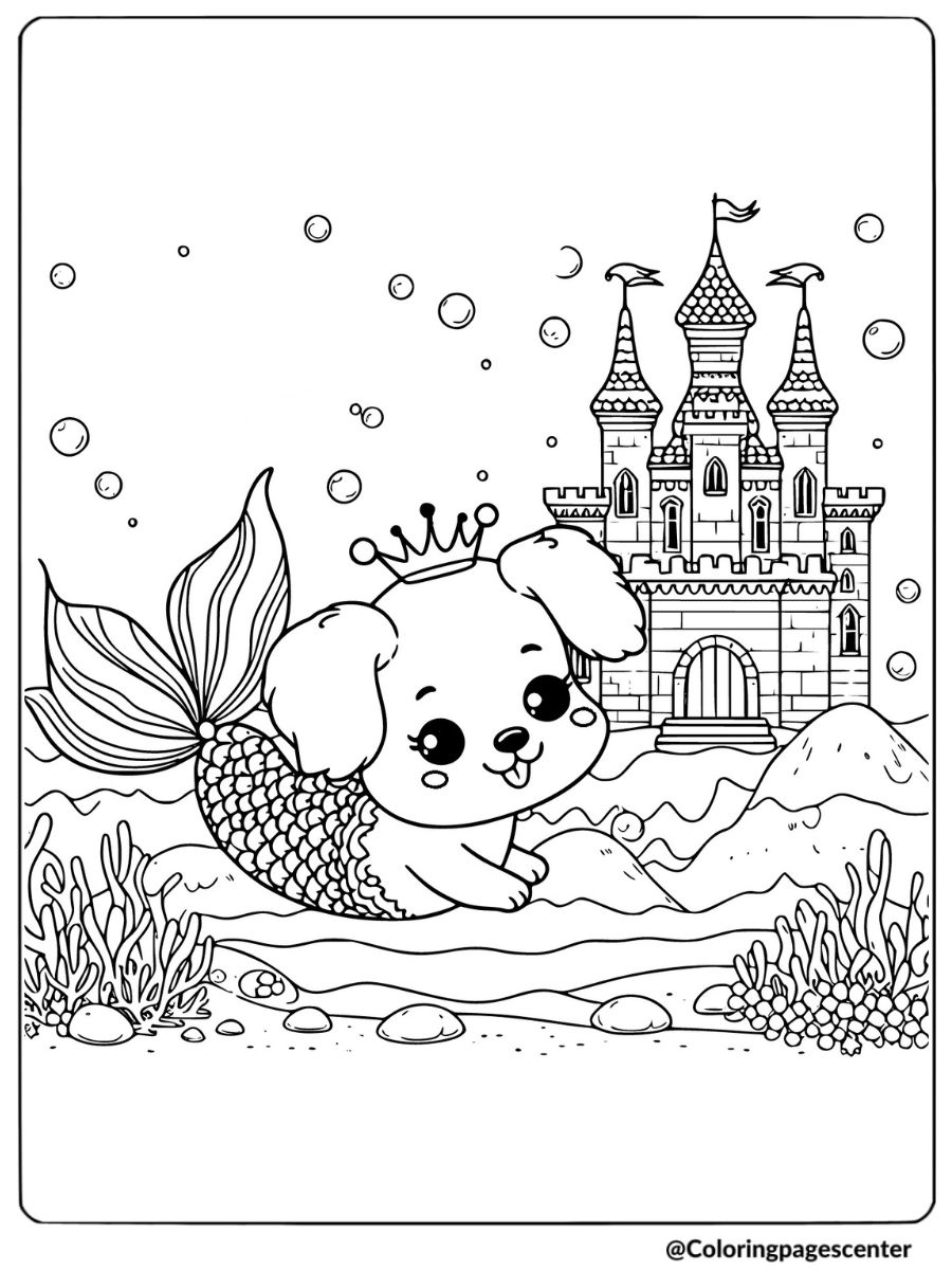 Dog mermaid with underwater castle coloring page