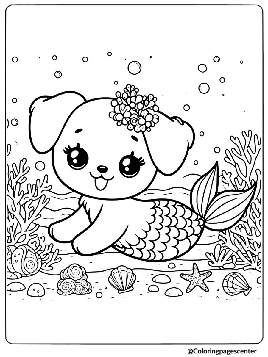 Smiling dog mermaid among corals and shells coloring page