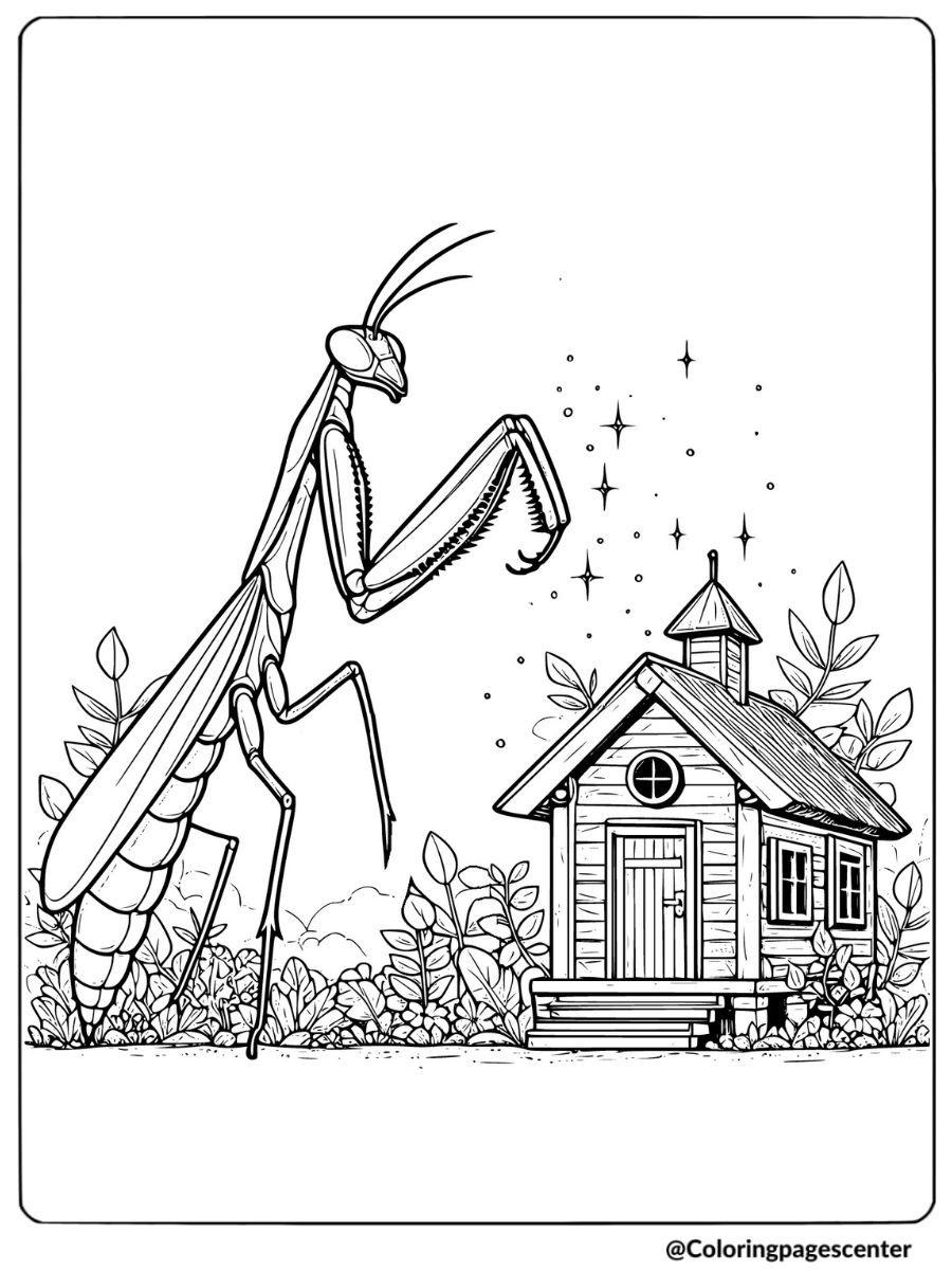 Coloring page of a large mantis near a small house