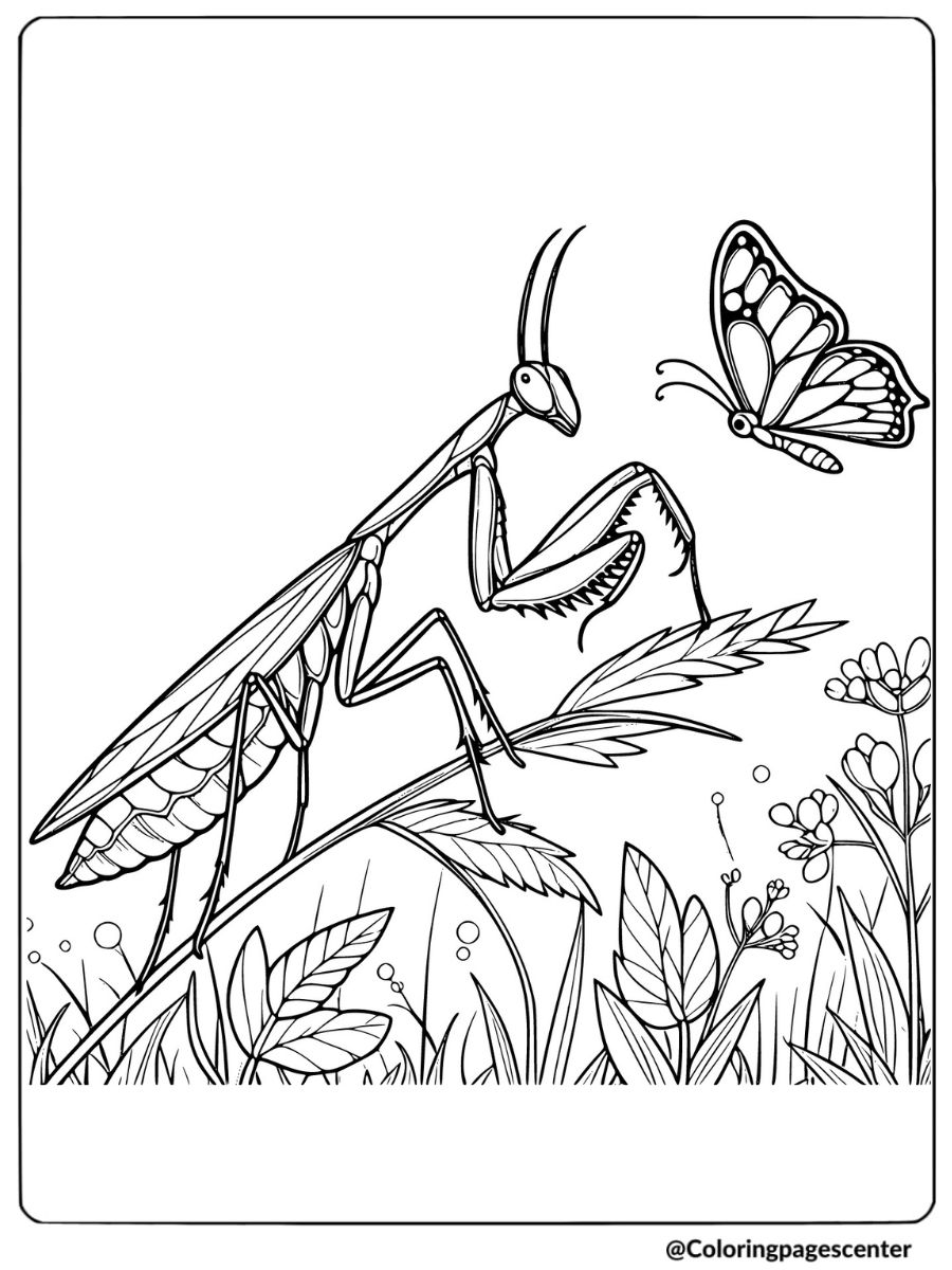 Coloring page featuring a mantis observing a butterfly