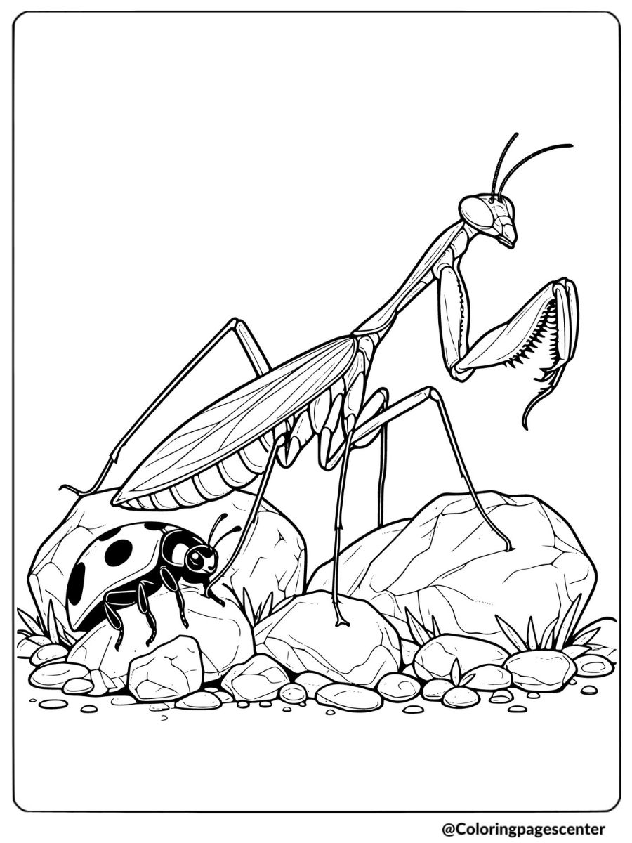 Coloring page with a mantis and a ladybug on rocks