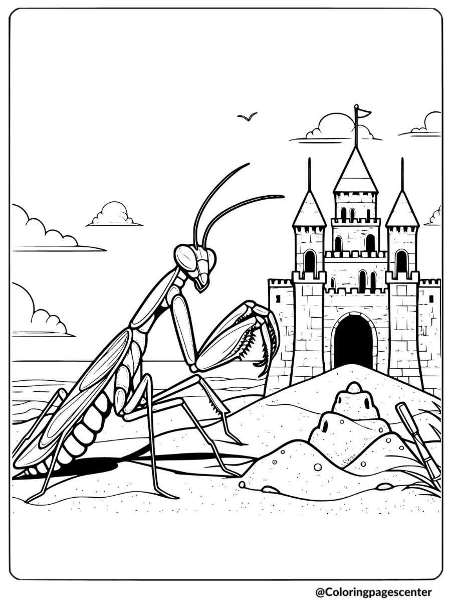 Coloring page of a mantis near a sandcastle at the beach