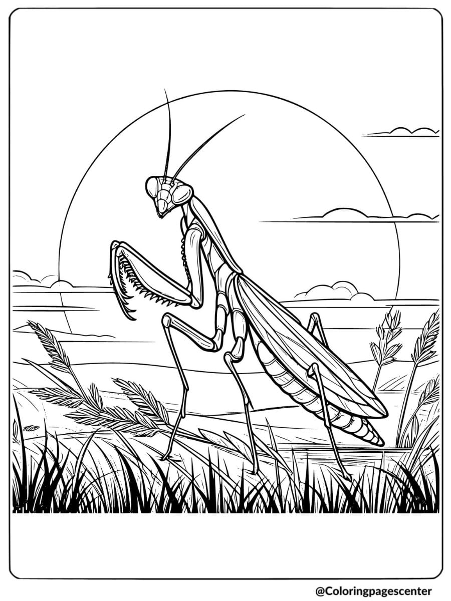 Coloring page of a mantis with a sunset background