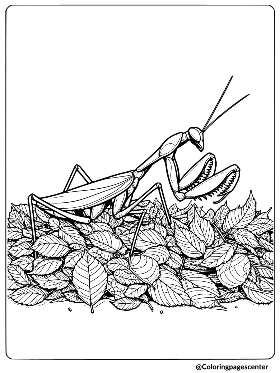 Coloring page of a mantis resting on a pile of leaves