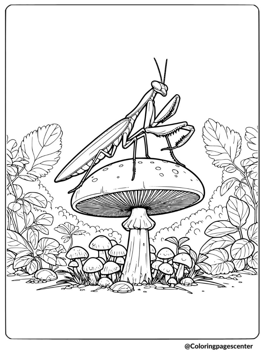 Coloring page of a mantis sitting on a large mushroom