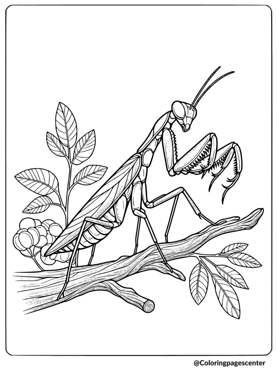 Coloring page showing a mantis perched on a branch