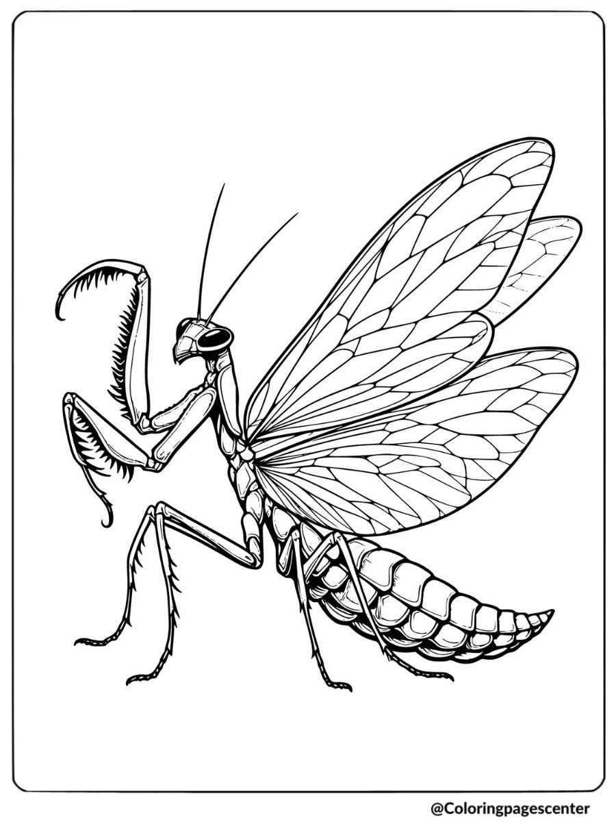 Coloring page of a mantis with wings extended