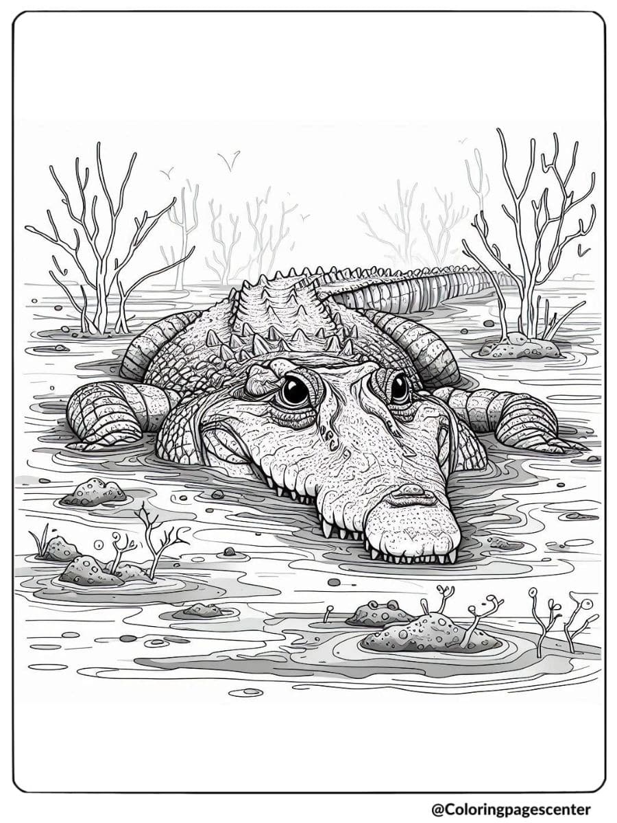 Crocodile lurking in a swampy environment coloring page