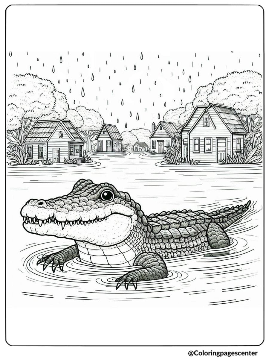 Crocodile floating in flooded village coloring page