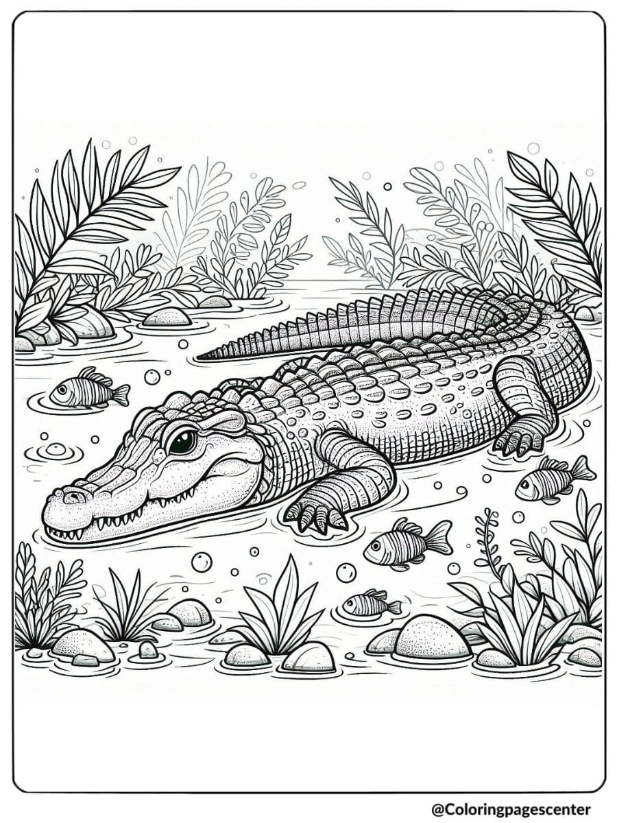 Crocodile swimming with fish in river coloring page