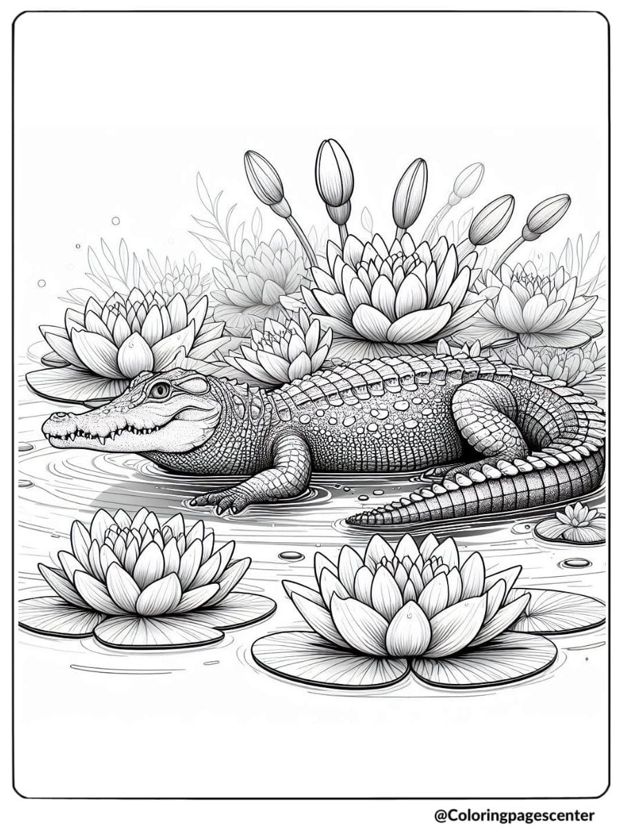 Crocodile in pond surrounded by water lilies coloring page