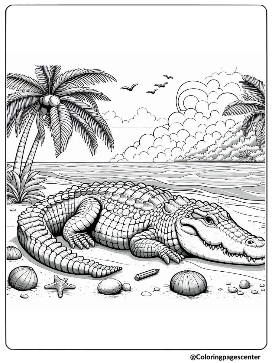 Crocodile resting on a beach with palm trees coloring page