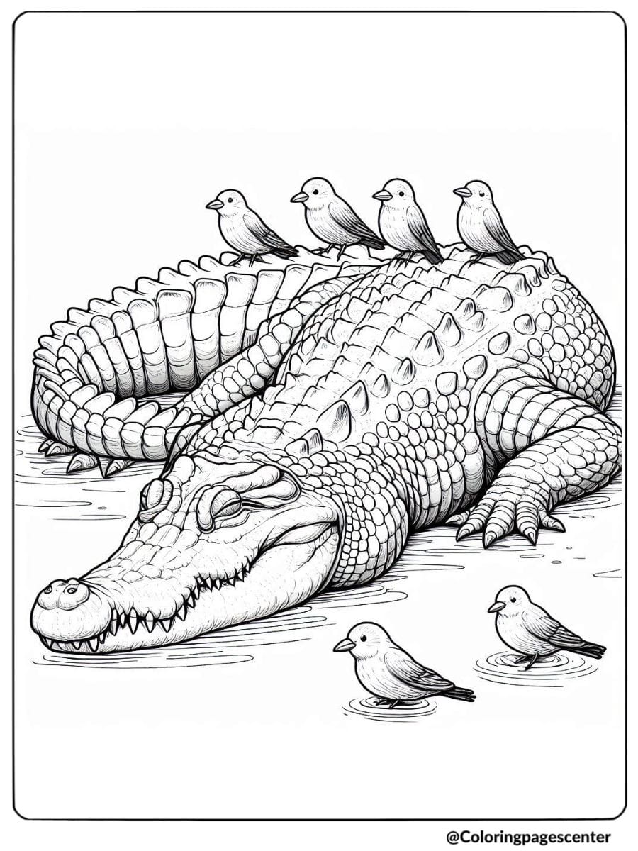 Crocodile relaxing with birds on its back coloring page