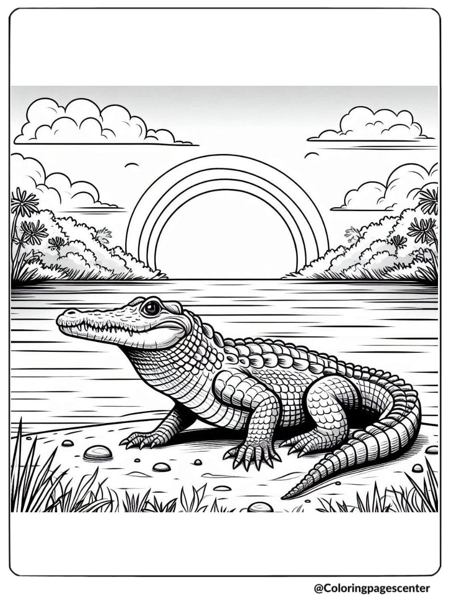 Crocodile near lake with rainbow background coloring page