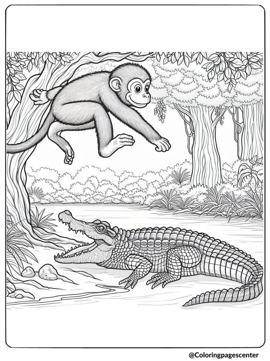 Monkey jumping over crocodile by the river coloring page