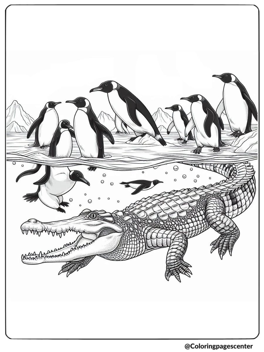 Underwater scene with crocodile and penguins coloring page