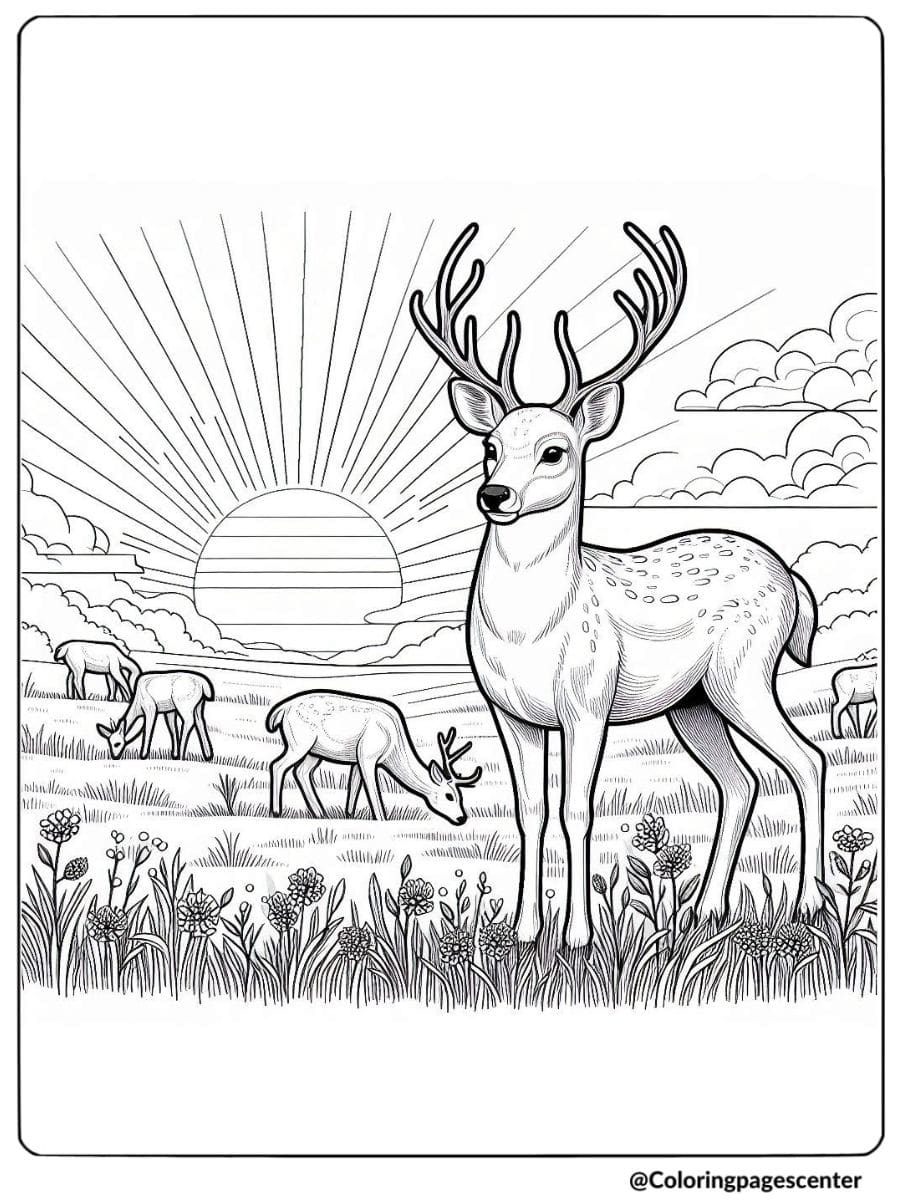 Realistic meadow deer with sunrise coloring page