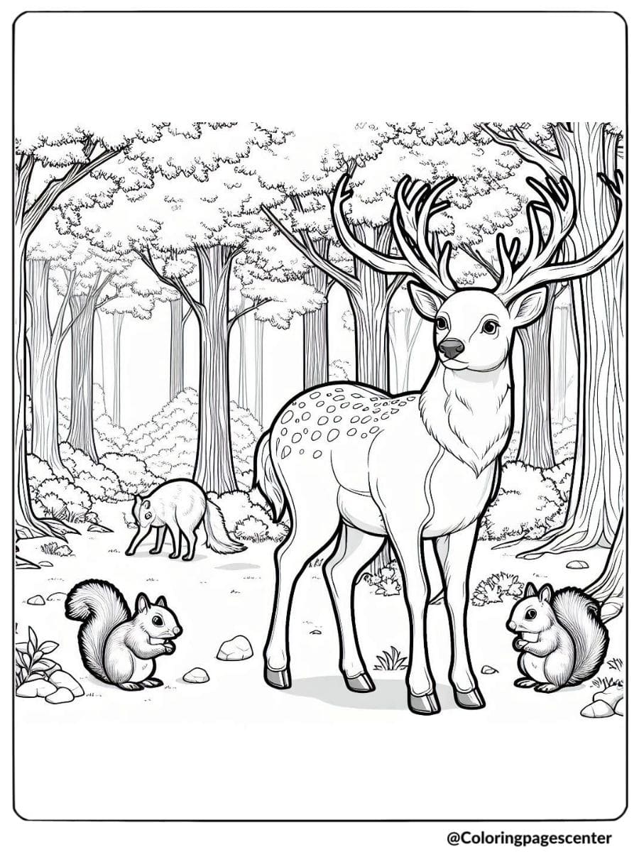 Forest deer with squirrels realistic coloring page