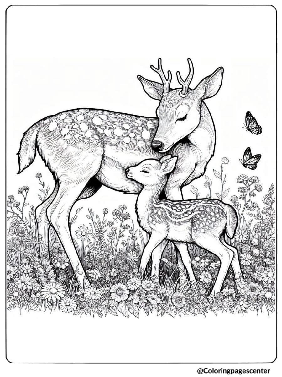 Realistic coloring page of a mother deer and fawn