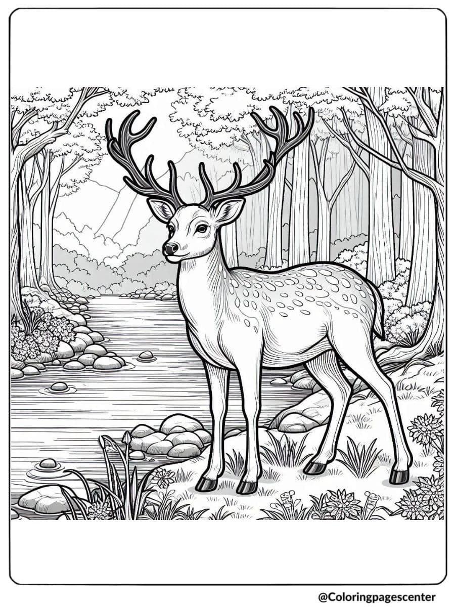 Realistic deer by the river coloring page