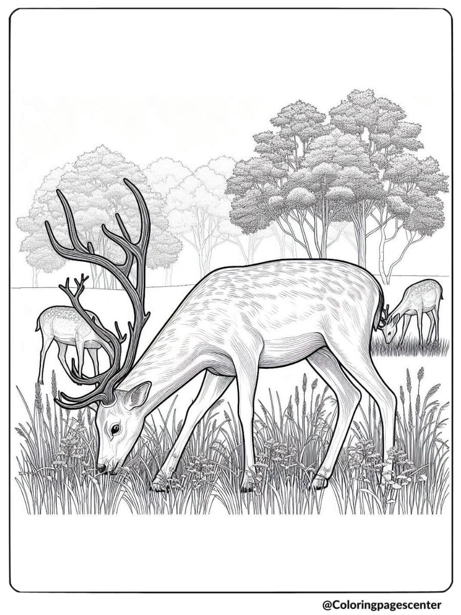 Realistic coloring page of two grazing deer