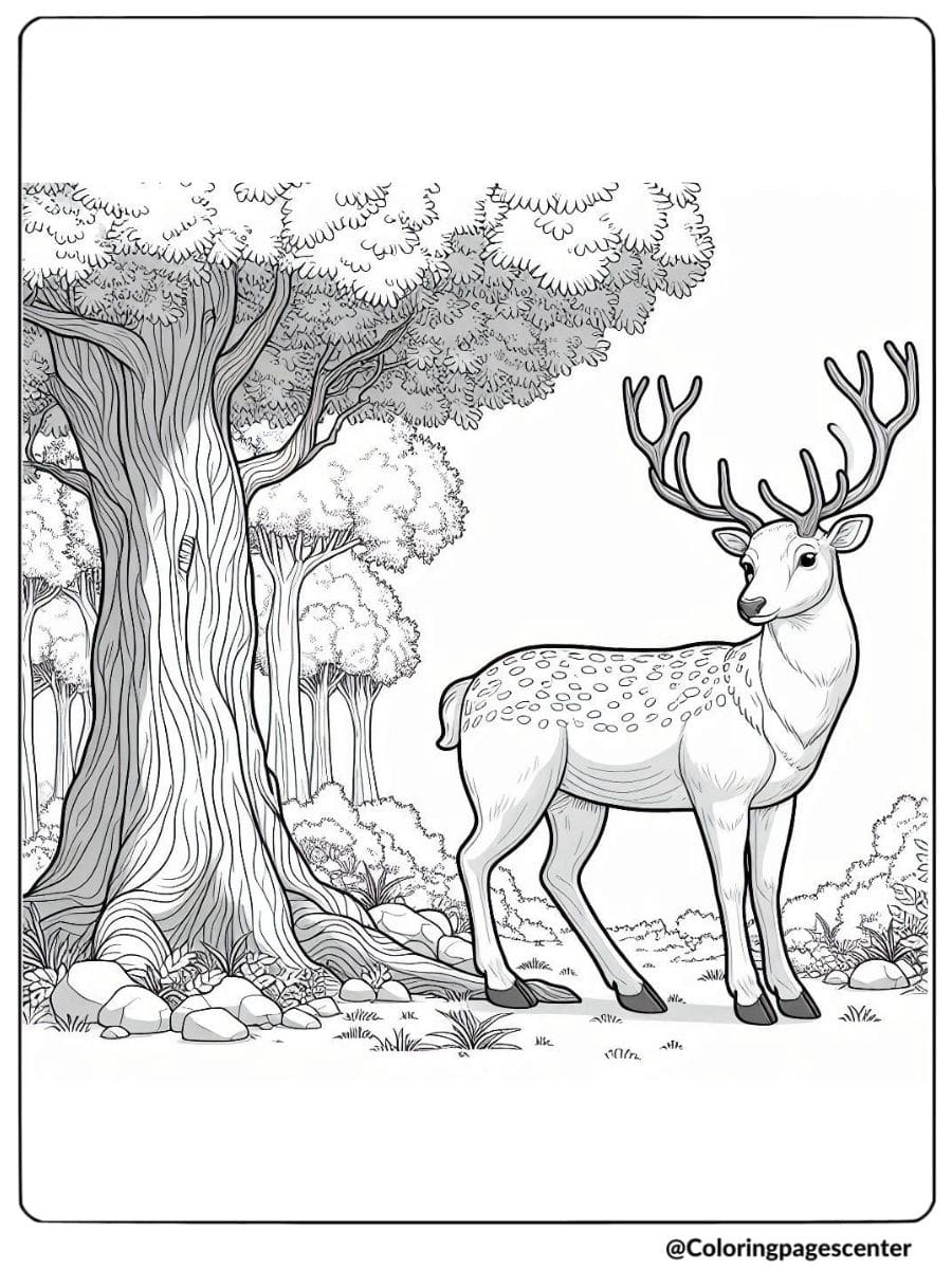 Realistic deer in woodland coloring page