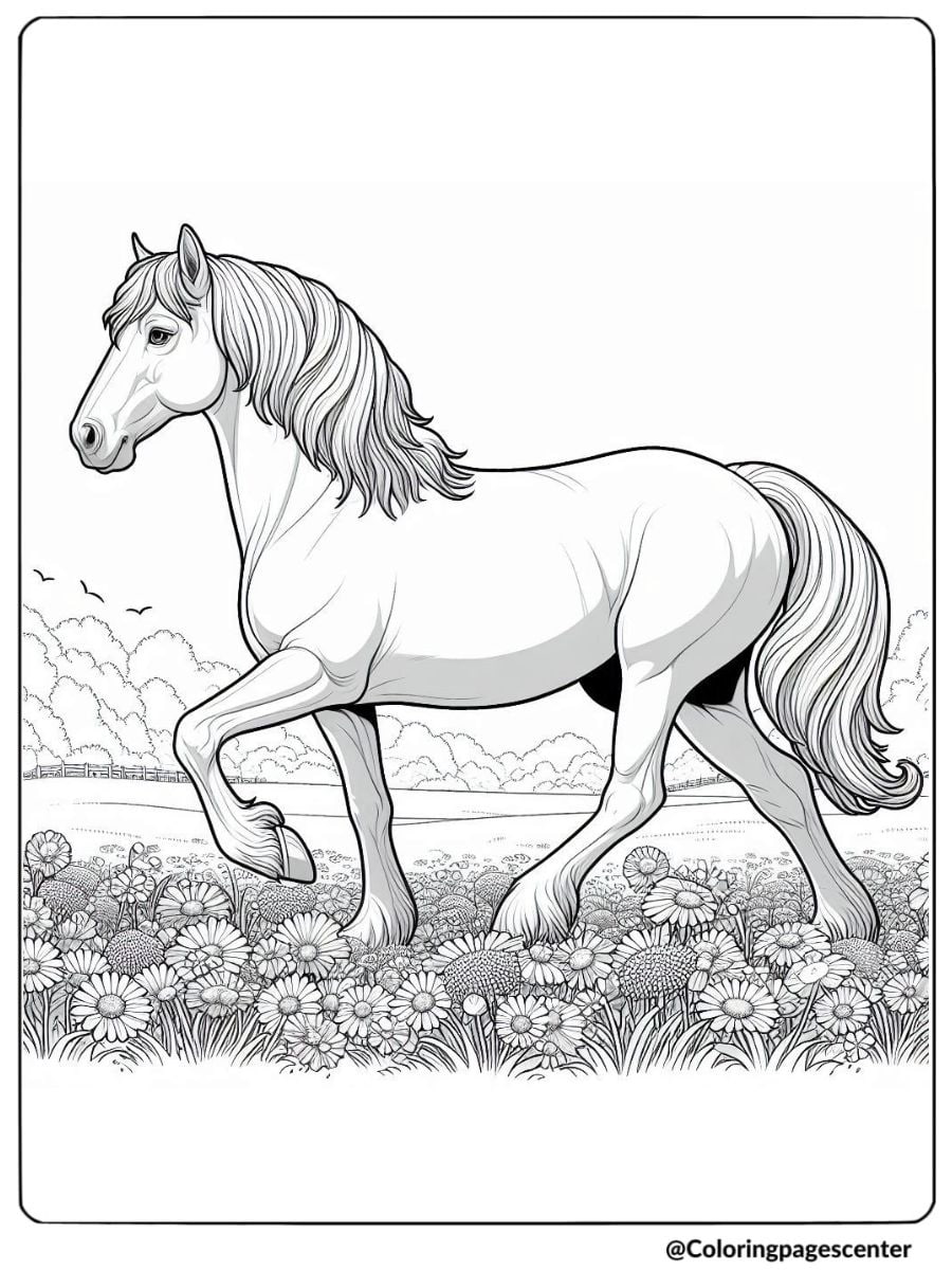 Realistic horse in a field with flowers coloring page