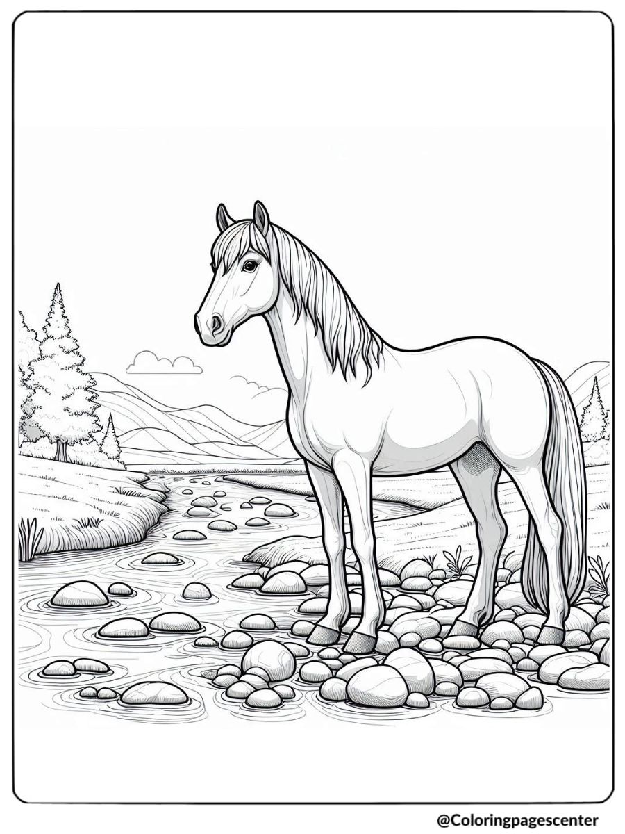 Realistic horse standing by a stream with rocks coloring page