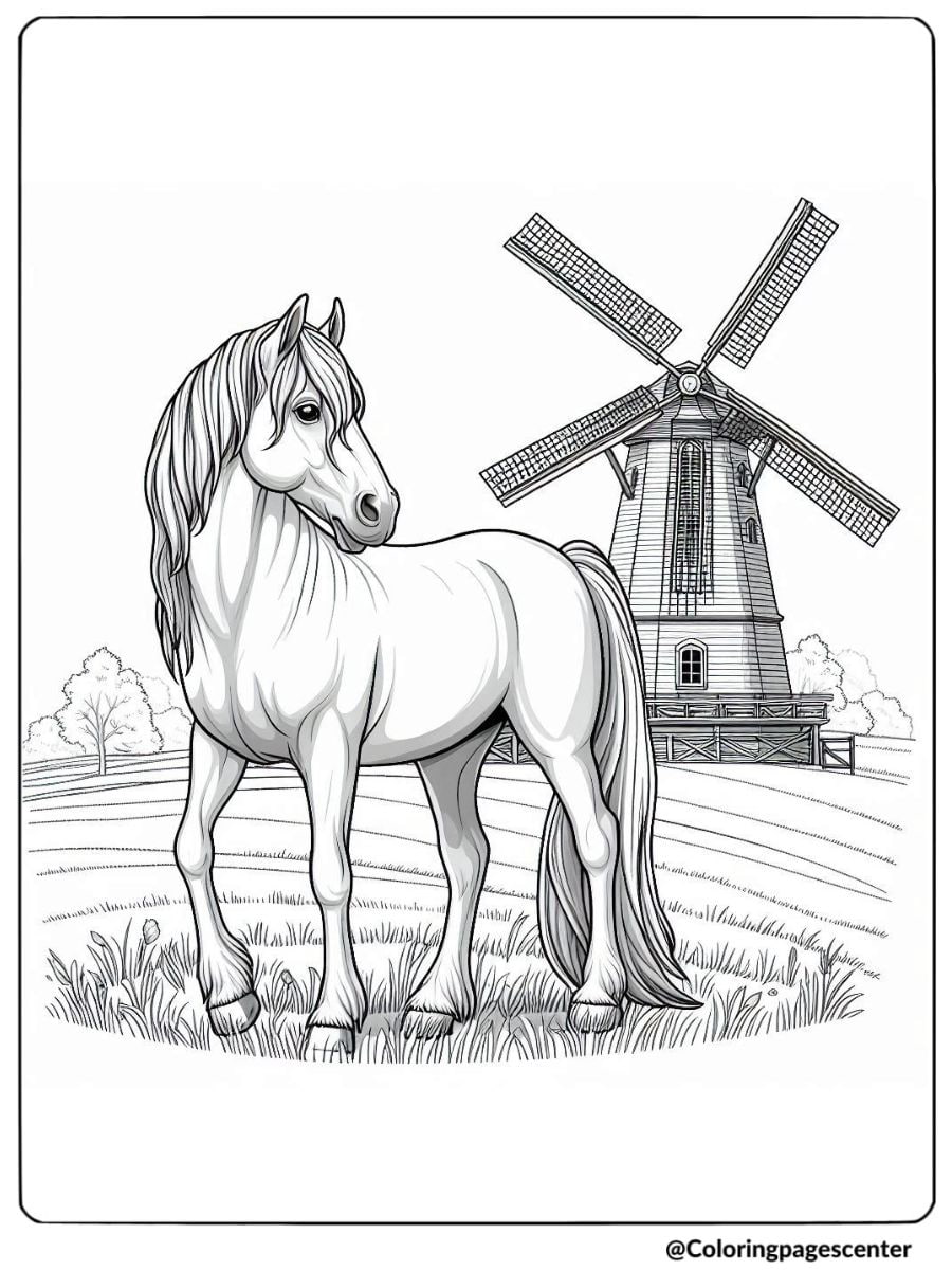 Realistic horse standing by a windmill coloring page